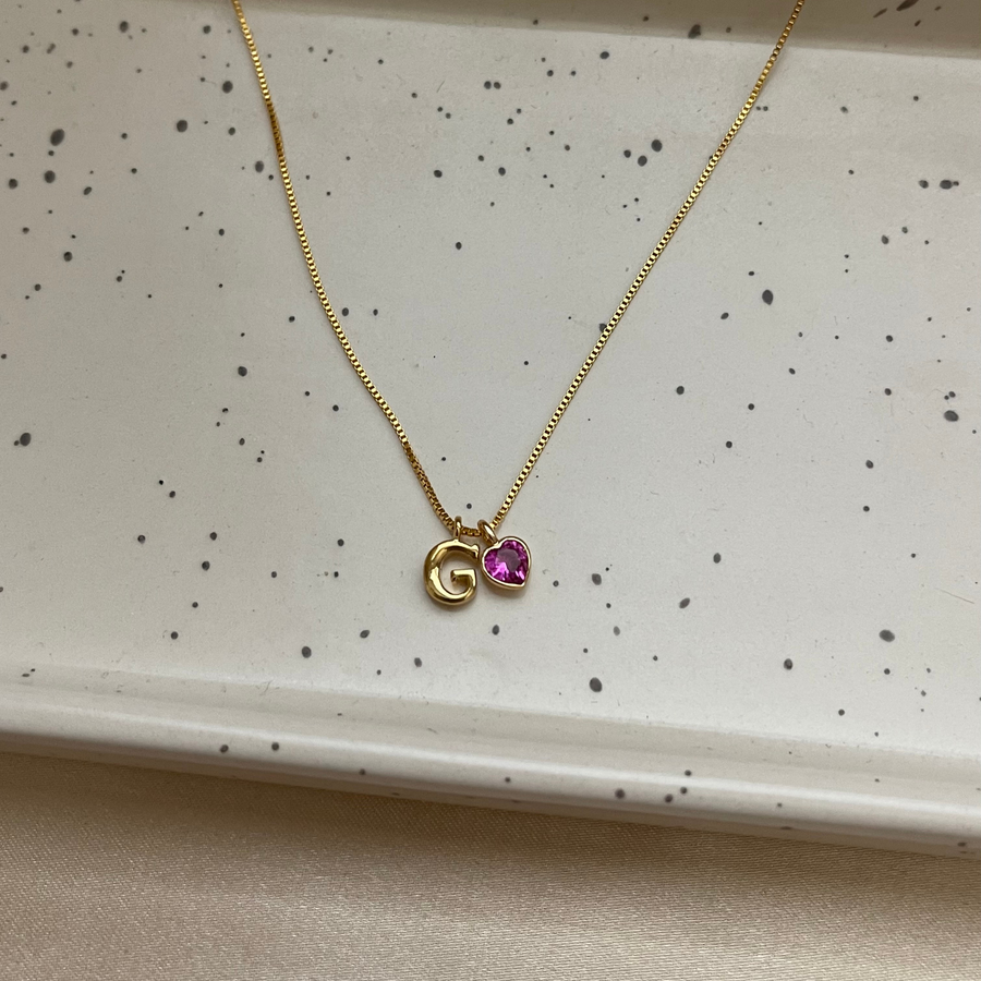 Custom Gold Initial and Heart Birthstone Necklace